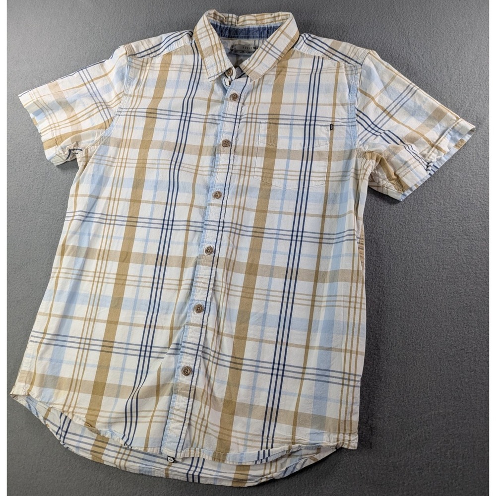 RUSTY Mens Plaid Short Sleeve Button Up Shirt Surf Skate Coastal Blue Tan MED
